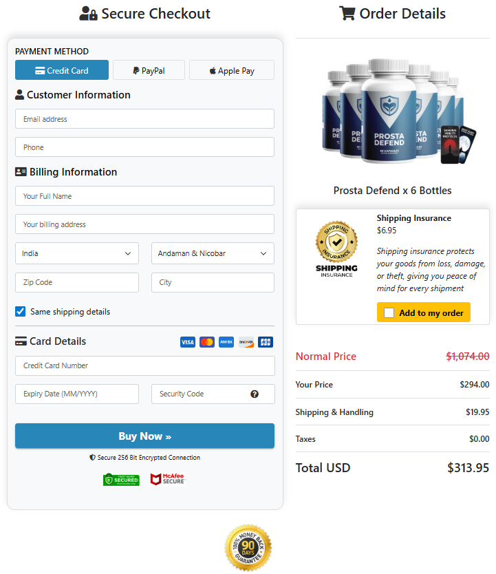 Prosta Defend secure checkout page showing the six bottle package and order summary
